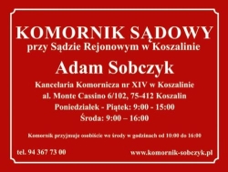 Komornik Sądowy przy Sądzie Rejonowym w Koszalinie Adam Sobczyk, godziny otwarcia